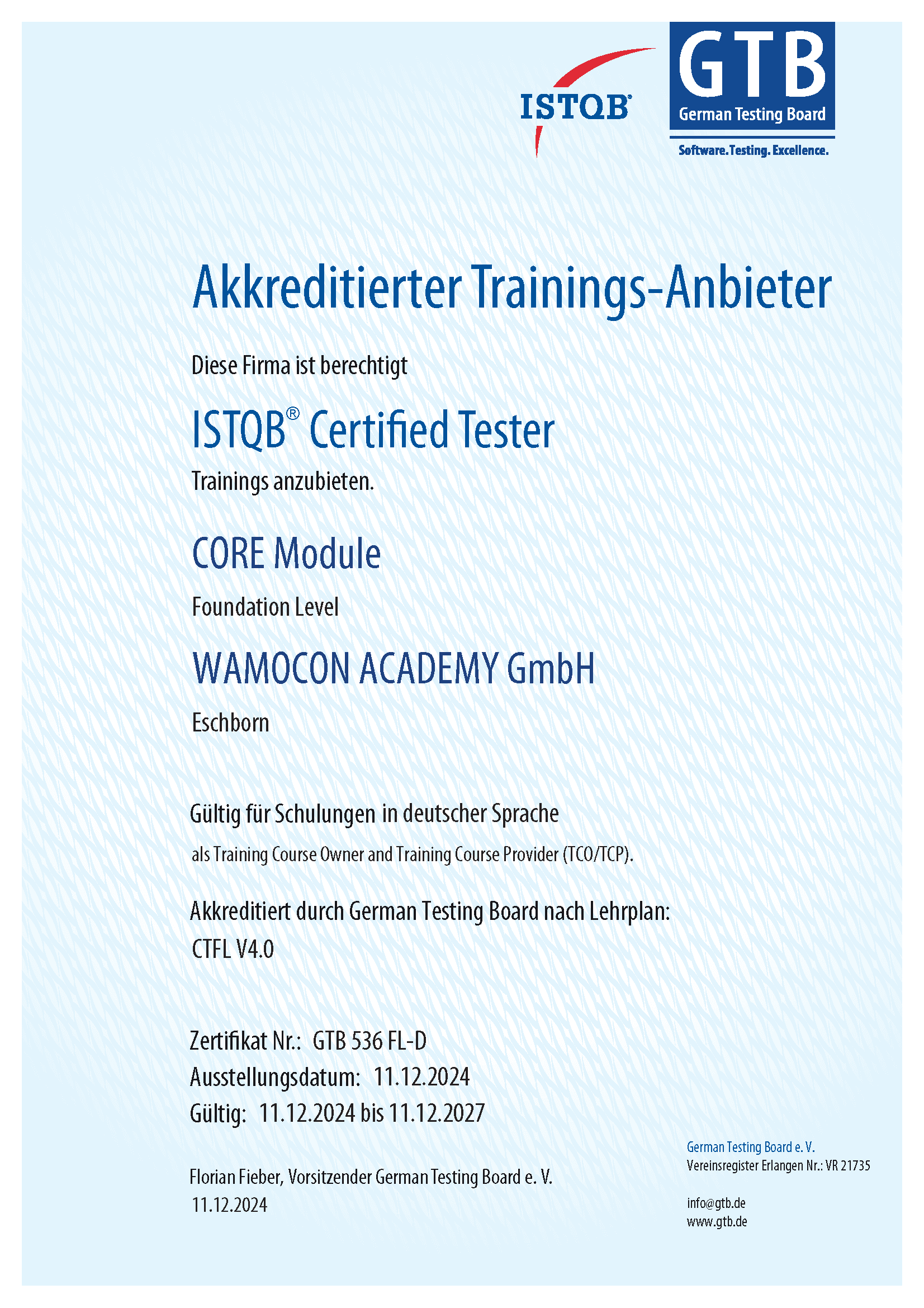 Akkreditierungsurkunde: ISTQB Accredited Training Provider